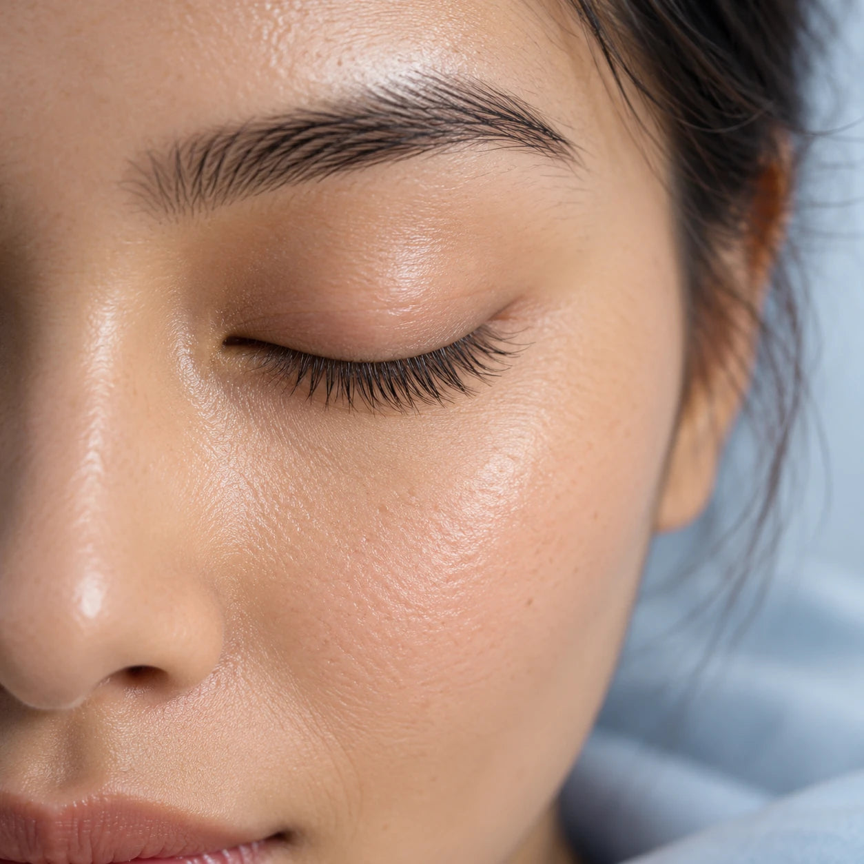 Close-up of a softly closed eye and natural lashes