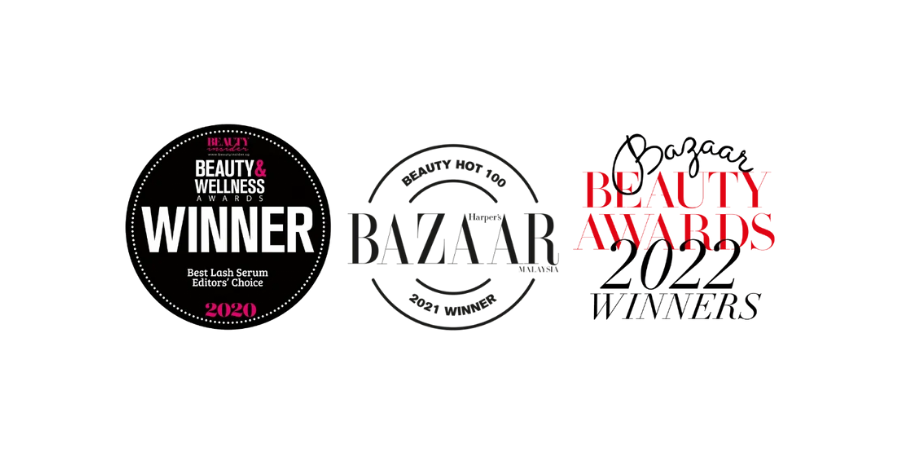 ILASH award logos: Beauty Insider 2020, Harper’s Bazaar Malaysia 2021, and Harper’s Bazaar Singapore 2022