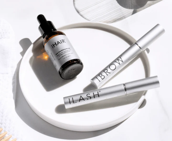 ILASH, IBROW, and IHAIR products arranged together
